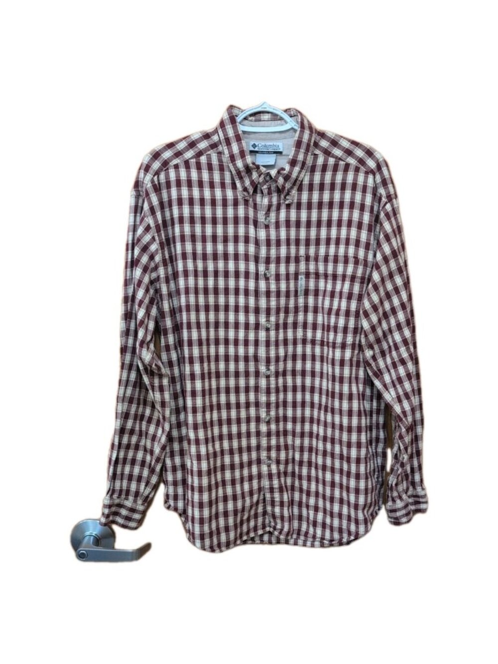 Columbia Shirt Mens L Red Beige Vintage Long Sleeve Button Down Plaid Flannel